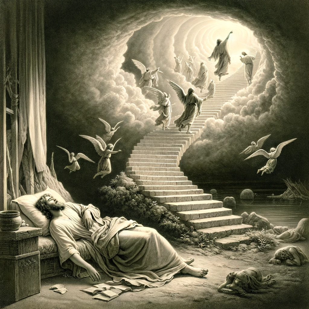 Ark.au Illustrated Bible - Genesis 28:12 - He dreamed. Behold, a stairway set up on the earth, and the top of it reached to heaven. Behold, the angels of God ascending and descending on it.