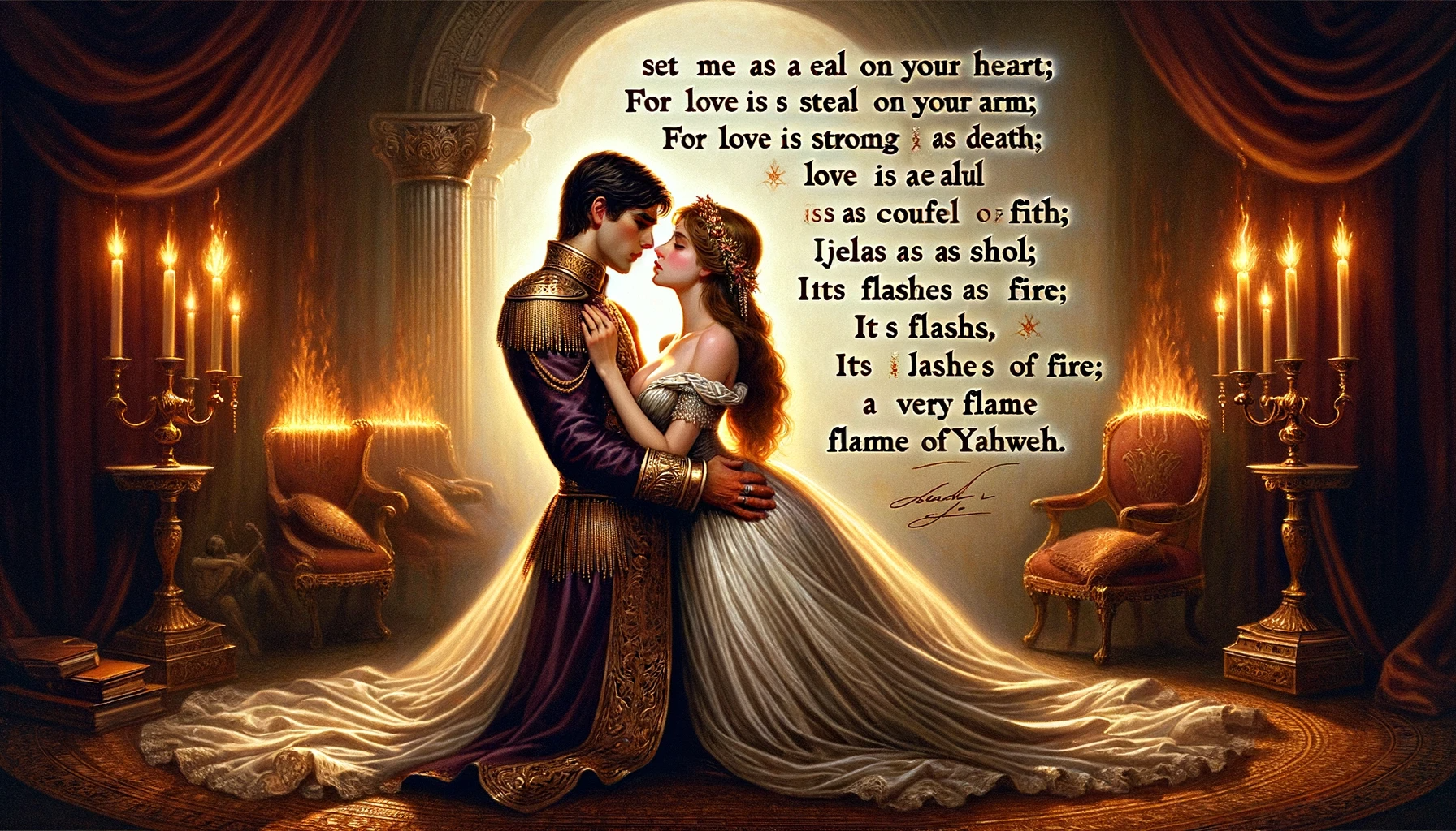 Ark.au Illustrated Bible - Song of Solomon 8:6 - Put me as a sign on your heart, as a sign on your arm; love is strong as death, and wrath bitter as the underworld: its coals are coals of fire; violent are its flames.