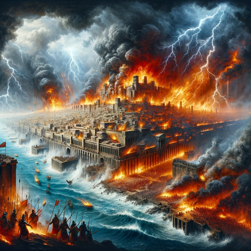 Ark.au Illustrated Bible - Ezekiel 26:12 - They will take by force all your wealth and go off with the goods with which you do trade: they will have your walls broken down and all the houses of your desire given up to destruction: they will put your stones and your wood and your dust deep in the water.