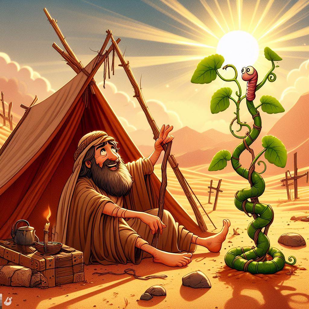 Ark.au Illustrated Bible - Jonah 4:6 - Yahweh God prepared a vine, and made it to come up over Jonah, that it might be a shade over his head, to deliver him from his discomfort. So Jonah was exceedingly glad because of the vine.