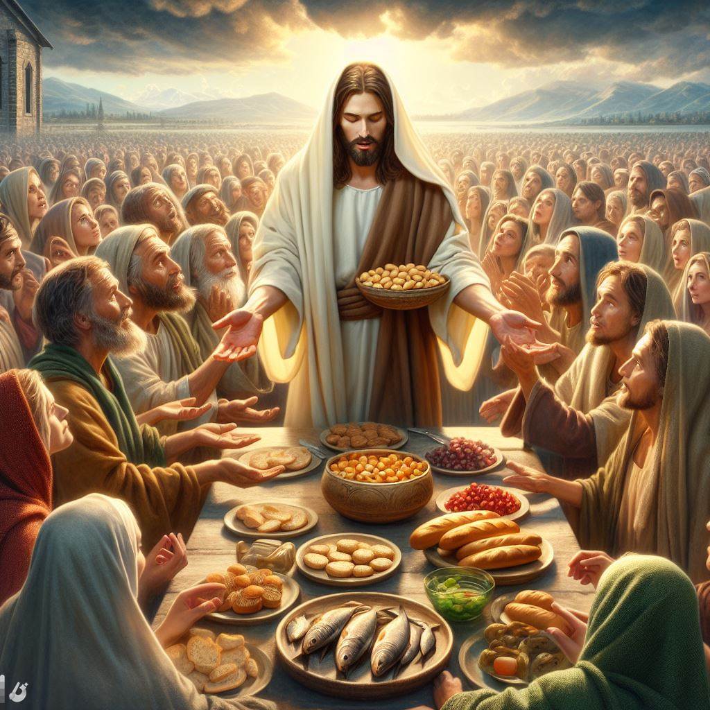 Ark.au Illustrated Bible - Matthew 14:19 - And he gave orders for the people to be seated on the grass; and he took the five cakes of bread and the two fishes and, looking up to heaven, he said words of blessing, and made division of the food, and gave it to the disciples, and the disciples gave it to the people.