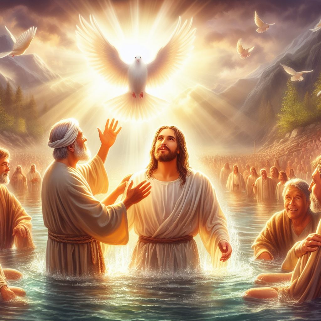 Ark.au Illustrated Bible - Matthew 3:16 - And Jesus, when he was baptized, went up immediately out of the water: and lo, the heavens were opened to him, and he saw the Spirit of God descending like a dove, and lighting upon him: