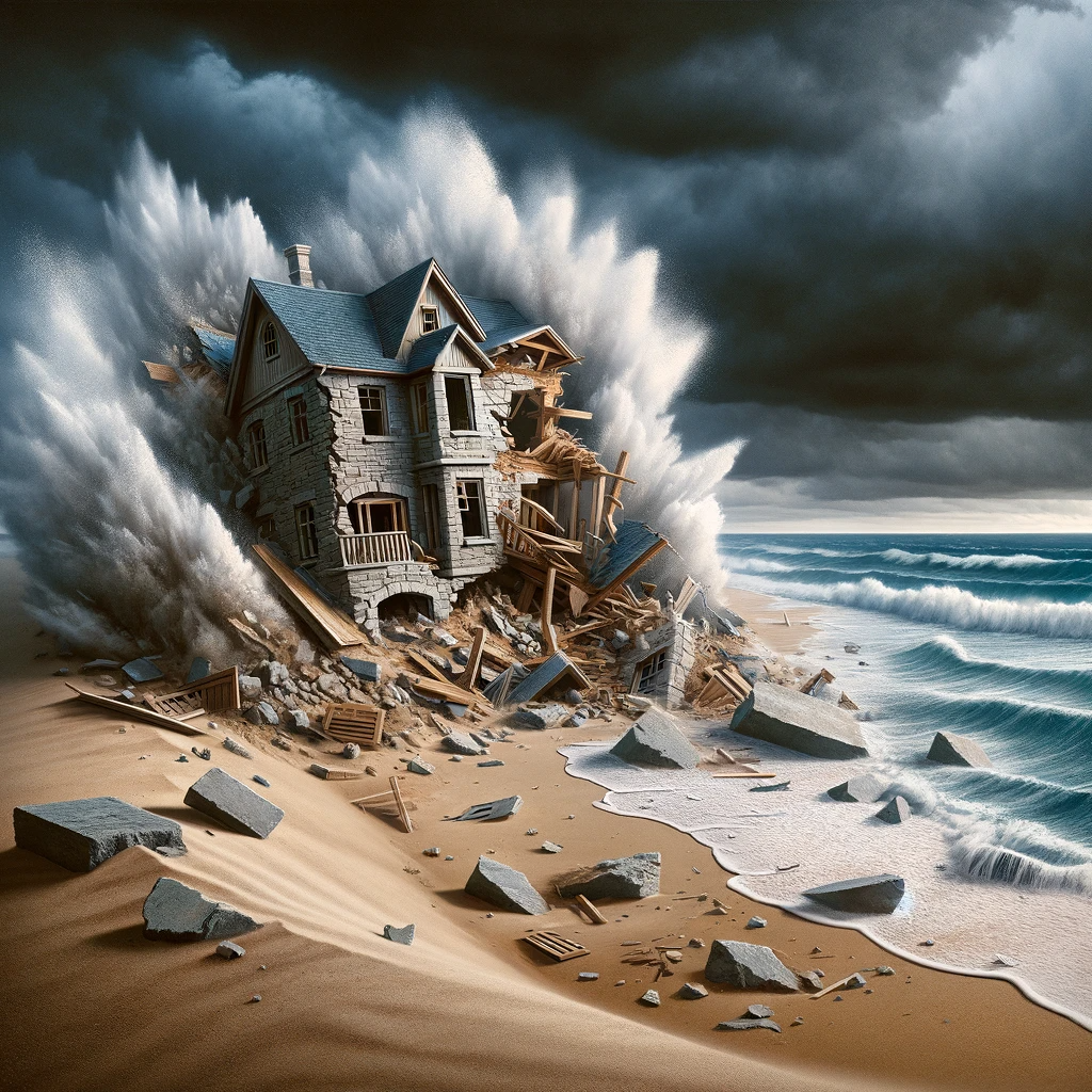 Ark.au Illustrated Bible - Matthew 7:27 - And the rain descended, and the floods came, and the winds blew, and beat upon that house; and it fell, and great was the fall of it.