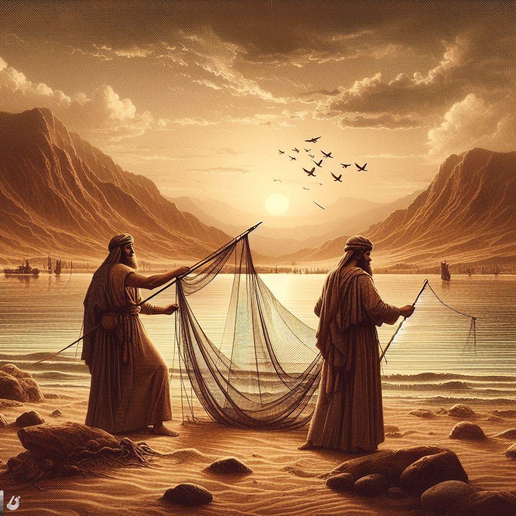 Ark.au Illustrated Bible - Mark 1:16 - And passing along by the sea of Galilee, he saw Simon and Andrew the brother of Simon casting a net in the sea; for they were fishers.