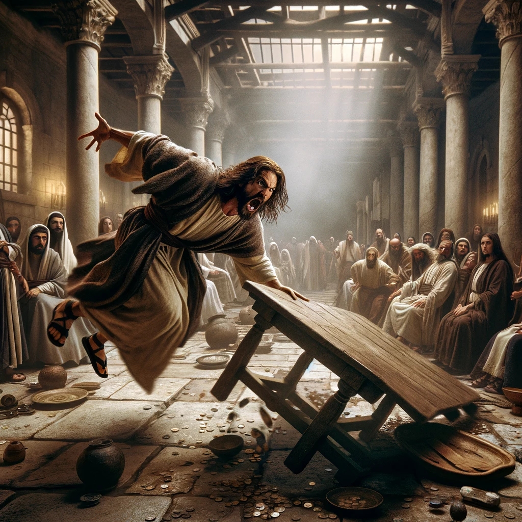 Ark.au Illustrated Bible - Mark 11:15 - They came to Jerusalem, and Jesus entered into the temple, and began to throw out those who sold and those who bought in the temple, and overthrew the tables of the money-changers, and the seats of those who sold the doves.