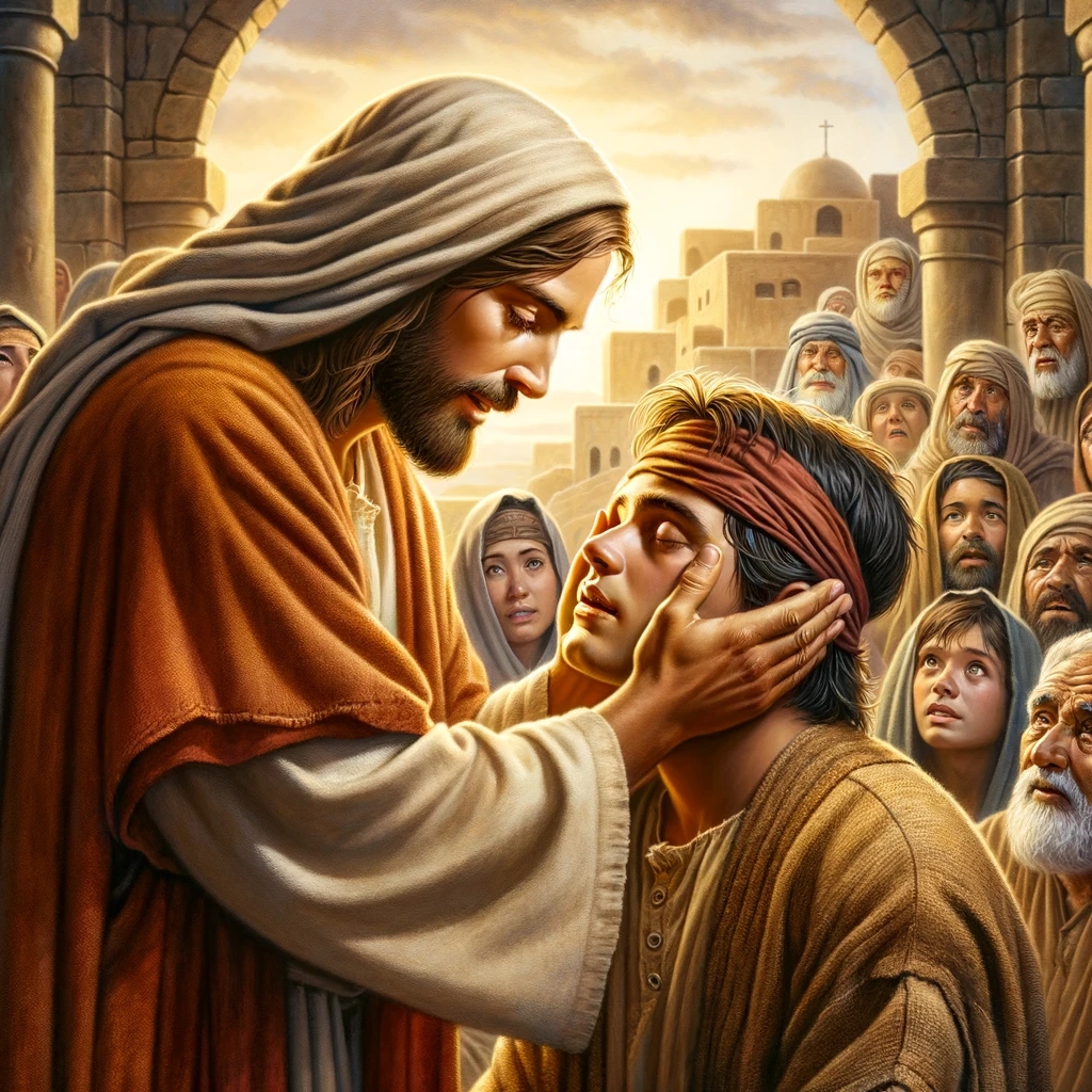 Ark.au Illustrated Bible - Mark 8:23 - And he took hold of the blind man by the hand, and brought him out of the village; and when he had spit on his eyes, and laid his hands upon him, he asked him, Seest thou aught?