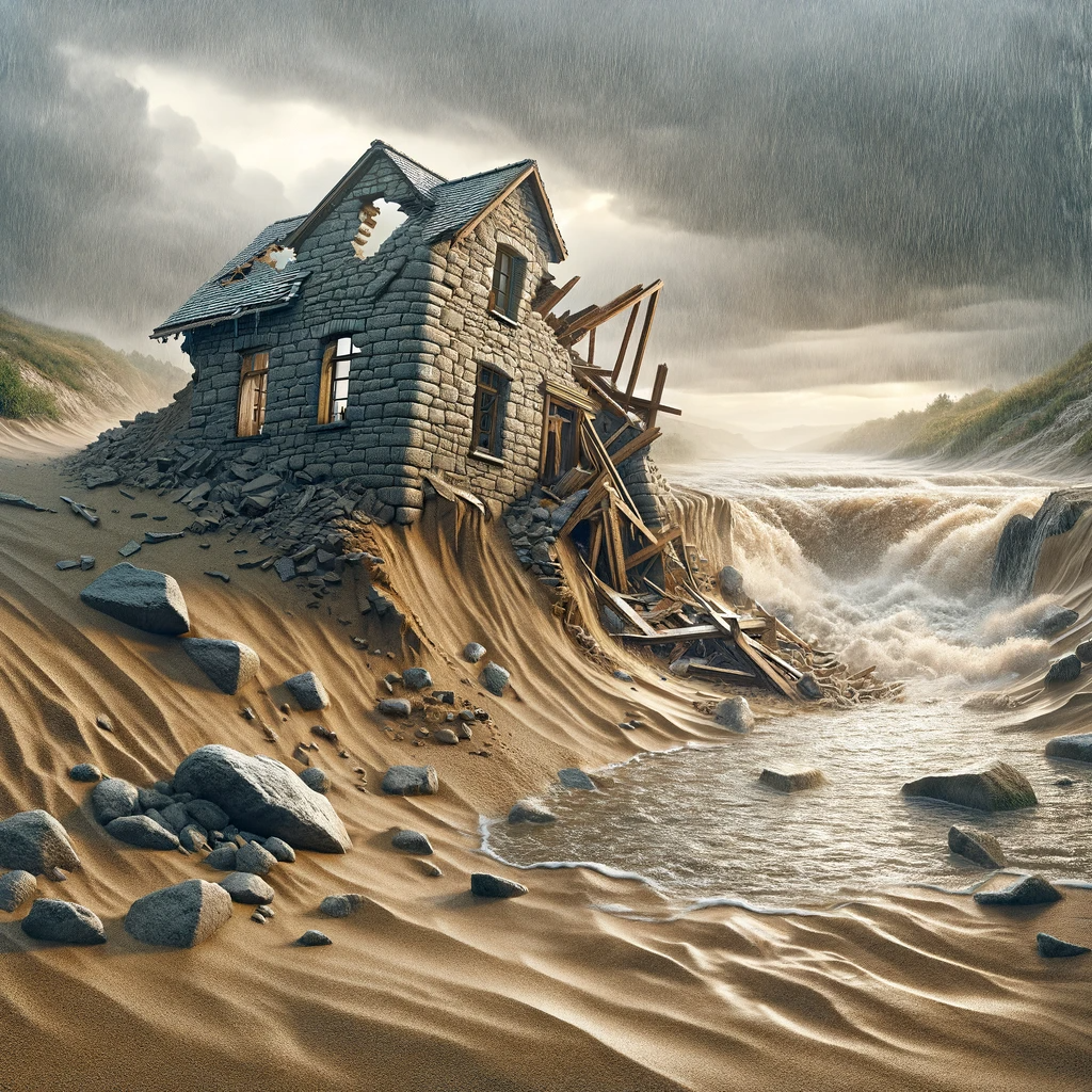 Ark.au Illustrated Bible - Luke 6:49 - But he who gives hearing, without doing, is like a man building a house on the earth without a base for it; and when the force of the river came against it, straight away it came down; and the destruction of that house was great.