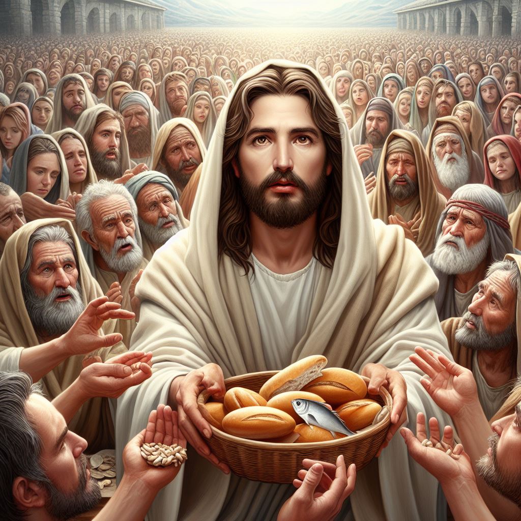 Ark.au Illustrated Bible - John 6:11 - Then Jesus took the cakes and having given praise to God, he gave them to the people who were seated, and the fishes in the same way, as much as they had need of.