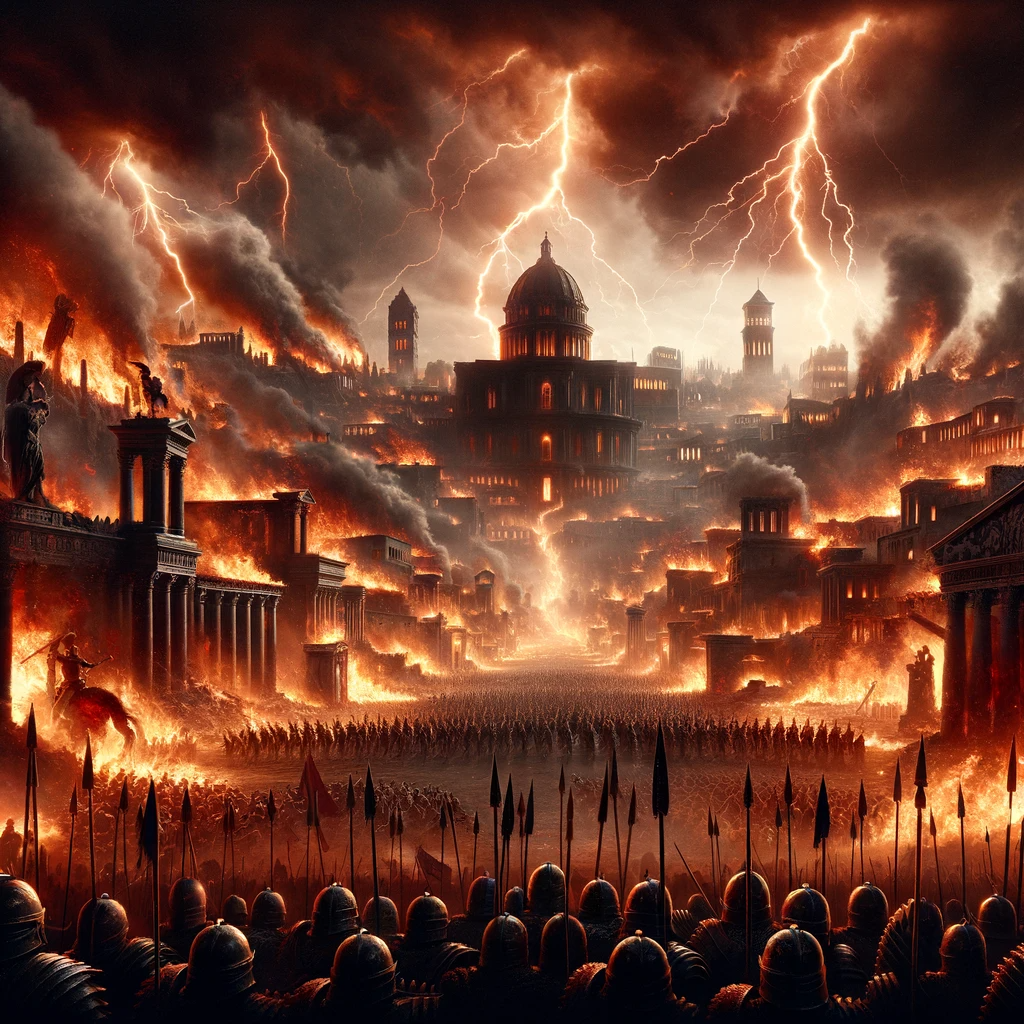 Ark.au Illustrated Bible - Revelation 18:8 - Therefore shall her plagues come in one day, death, and mourning, and famine; and she shall be utterly burned with fire: for strong is the Lord God who judgeth her.